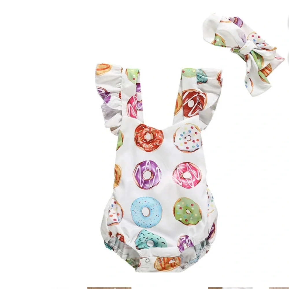 Fyegre Donut Print Ruffle Strap Baby One-Piece with bow